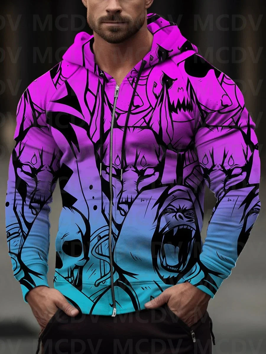 New Zipper Hoodies For Men Skull Men's Sweatshirt Clothes For Man Clothing 3D Print Y2k Camping Casual Korean Popular Pullover