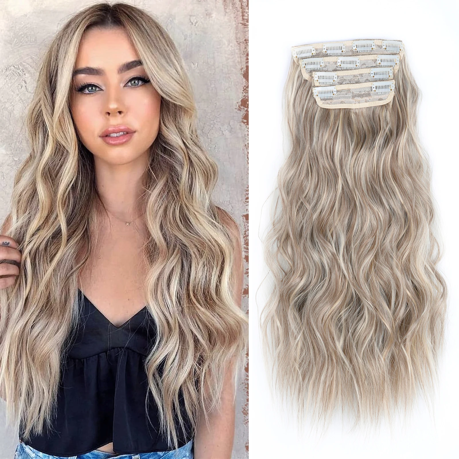 linwan Clip In Hair Extensions 4 PCS Full Head 20 Inch Long Curly Wavy Synthetic Hair Pieces Natural Wavy For Women Girls Hair