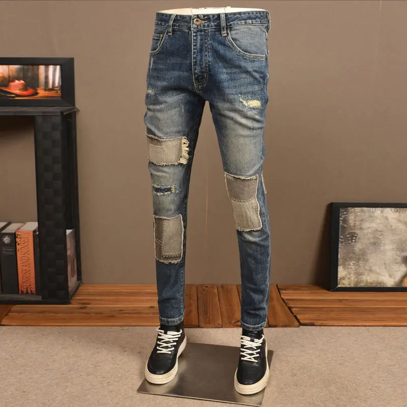 Italian fashion new men's jeans patch washed nostalgic stretch slim fit light blue jeans designer retro patchwork pants hombre - Image 2