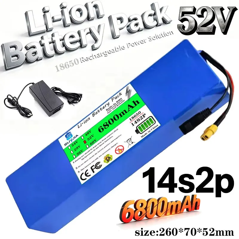 Batterie Li-ion 52V 6800mAh Avec BMS, 14S2P, Batterie 1500W Intégrée Pour vélos, Scooters, Motos + Chargeur 58,8V2A