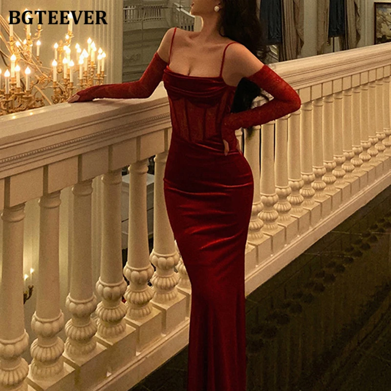 BGTEEVER Sexy Elegant Long Sleeve Female Strapless Bodycon Skinny Dress Autumn Winter Slim Waist Ladies Package Hip Velvet Dress