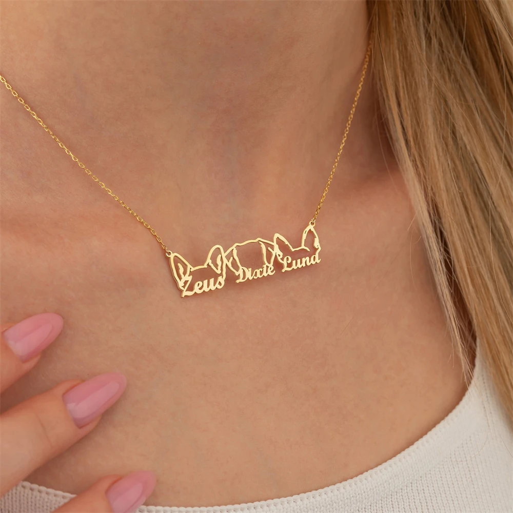 Multiple Dog Ear Personalized Name Necklace Custom Pet Jewelry Memorial Gift For Women Dog Head Stainless Steel Choker Necklaces