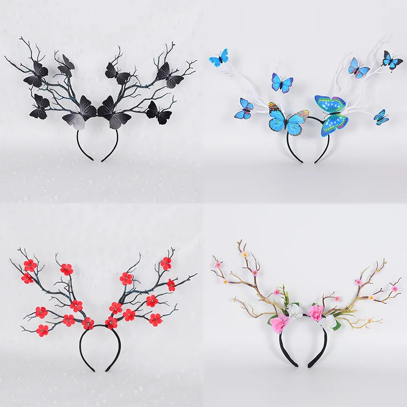 

Large Butterfly Flower Antler Ears Hairband Girls Black Deer Horn Elk Headband Headpiece for Party Cosplay Christmas