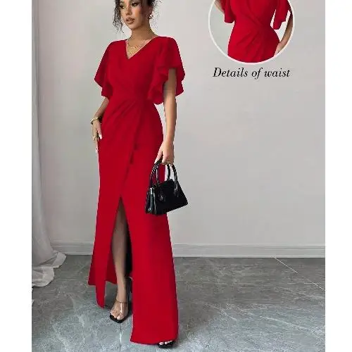 

k Blue High Waist Slim Fit ort Sve V-Ne Dr with Ruffle Opening Sexy for Annual Meeting And Par