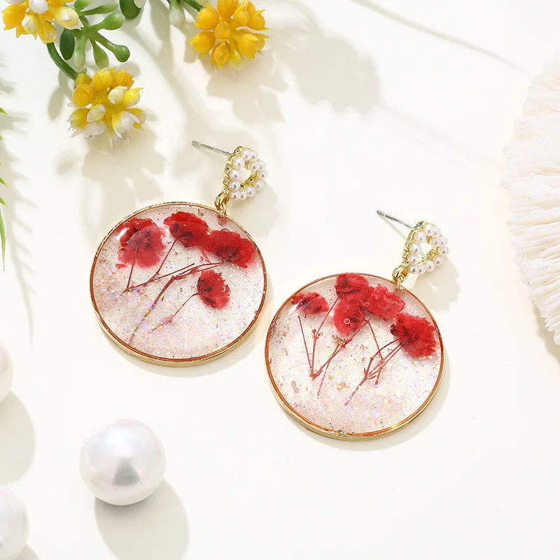 Elegant Round Drop Earrings With Flower Unique Natural Pressed Flower Earrings Handmaking Epoxy Resin Flower Earrings Wholesale