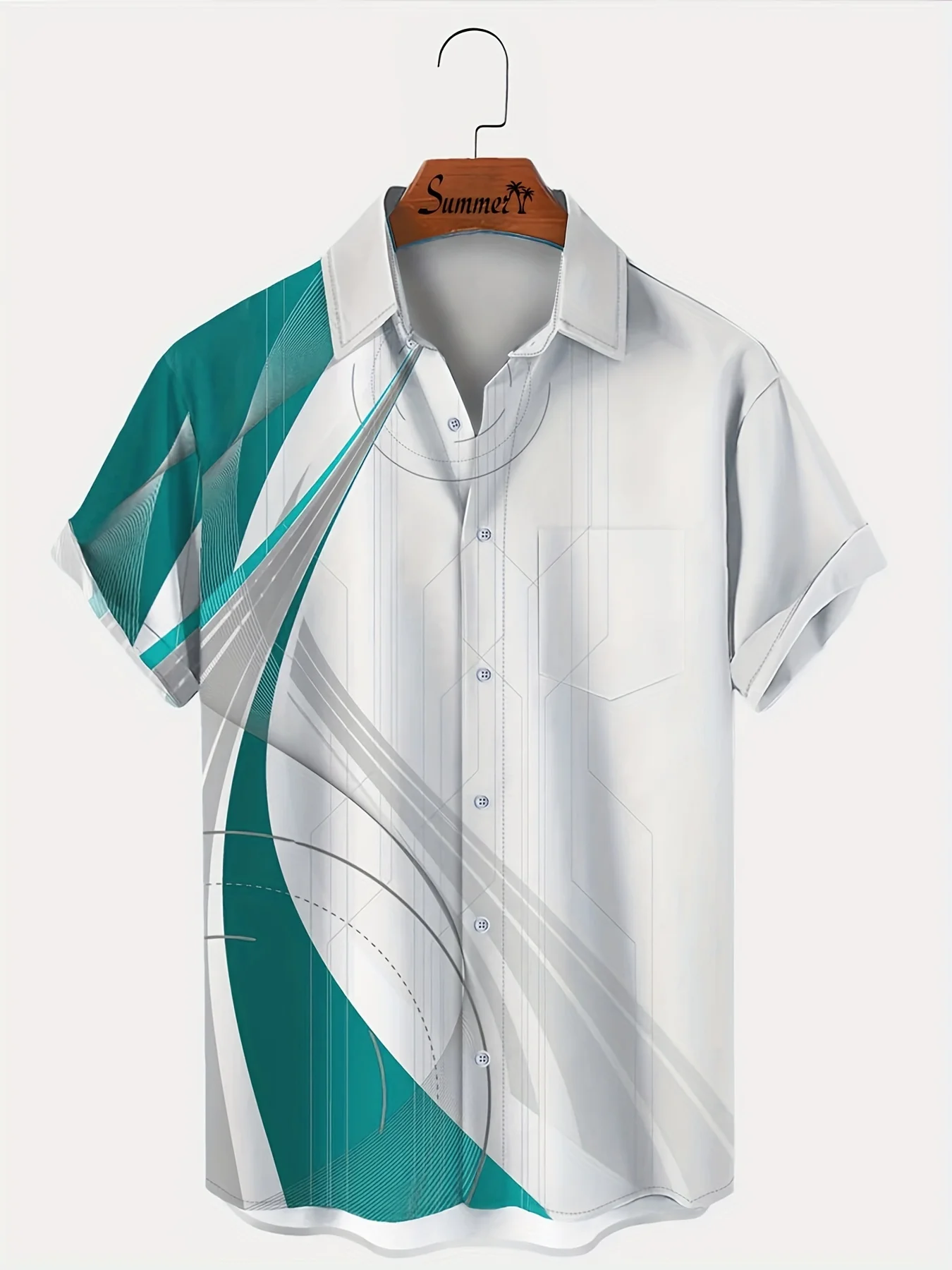 Camisa masculina de gola baixa com botão gradiente geométrico, tops esportivos confortáveis, elegante e casual, tamanho grande