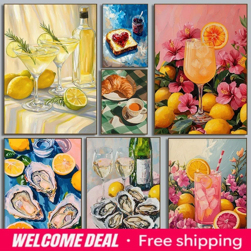 Colorful Fashion Cocktail Lemon Oyster Orange Kitchen Art Retro Poster Canvas Paintings Wall Art Pictures Home Decor