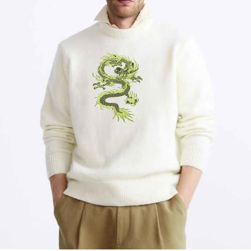 2024 Vintage Dragon Graphics Print White Knitted Sweater Man Winter Oversized Men's Casual Retro Pullover Women Jumper Sweater