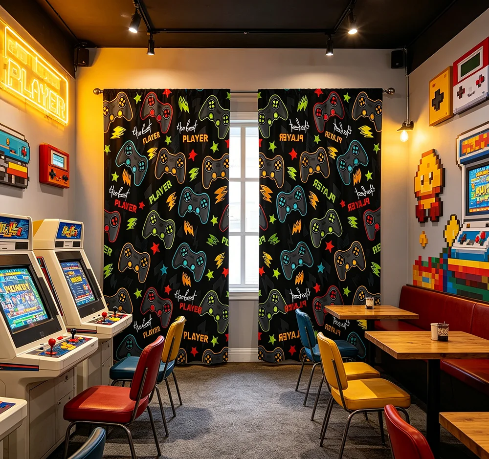 2PCS Digital Printed Curtains, Video Game Controller Gamer E-Sports Retro, Modern Home Decor Style for Living Room Bedroom Decor