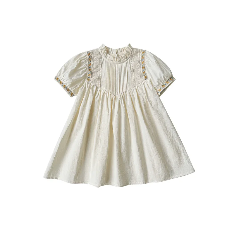 Vestido de princesa de manga corta para niña, vestido bordado plisado de encaje con cuello de pie, estilo francés, Verano