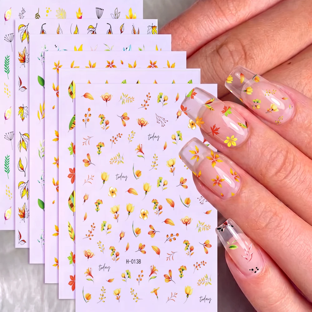 6pcs Autumn Leaves & Berry Pattern Nail Decals Fall Maple Leaf Nail Art Stickers Thanksgiving Nail Art Supplies for DIY Manicure