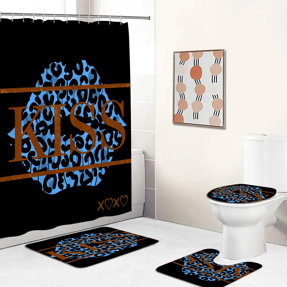 Kiss Love Shower Curtain Set Panther Sexy Lip Print Romantic Bathroom Decor Woman Girl Home Carpet Bathtub Mat Toilet Lid Cover