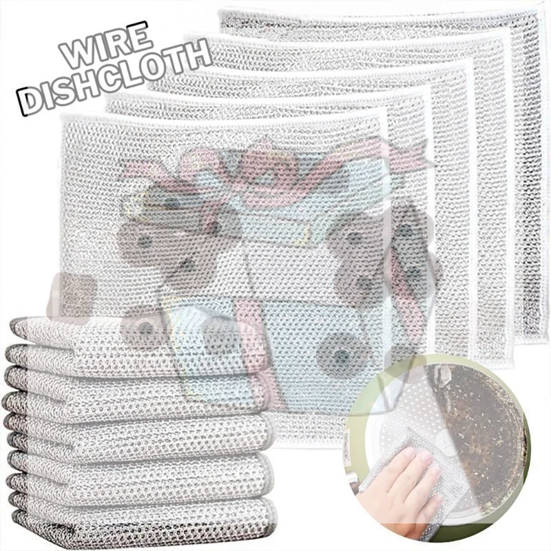 5/10PCS Silver Wire Polyester Cleaning Cloths Wet Dry Dual Use Non Scratch For Kitchen Dishwashing Pot Stove Countertop Cleaning