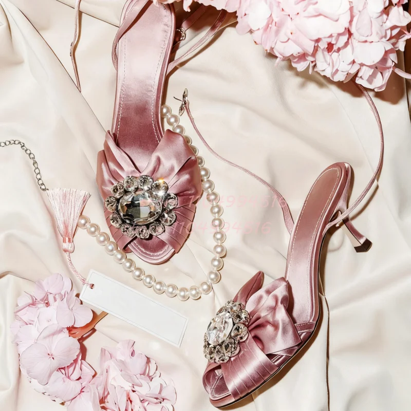 

Pink Crystal Satin Slingback Stiletto Sandals Women Black Butterfly-Knot Buckle Strap Open Toe High Heels Fashion Wedding Shoes