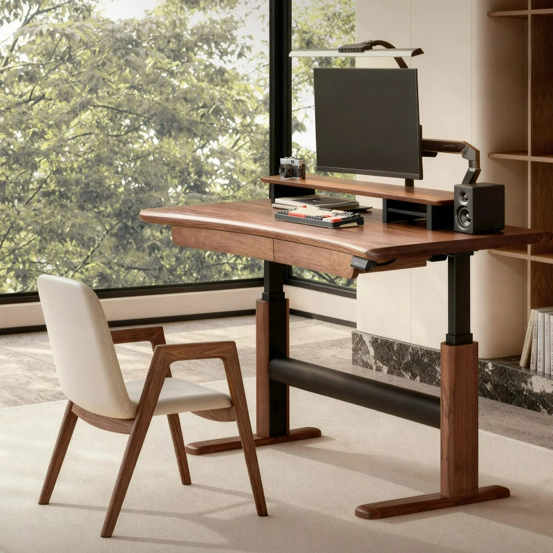 مكتب كهربائي منحني قابل للرفع في أمريكا الشمالية من خشب الجوز الأسود والخشب الصلب الذي يتم التحكم فيه إلكترونيًا ومنضدة عمل للدراسة