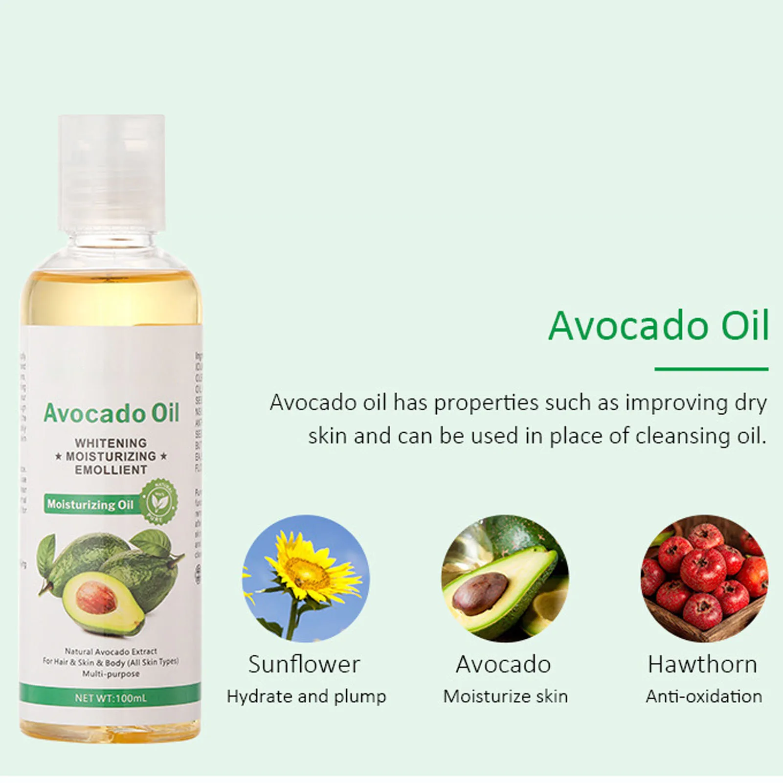 Aceite de coco de 100ml para calmar la piel seca, aclara las líneas finas, aceite de masaje facial, aceite de coco emoliente corporal, cuidado del cabello, aceite de coco