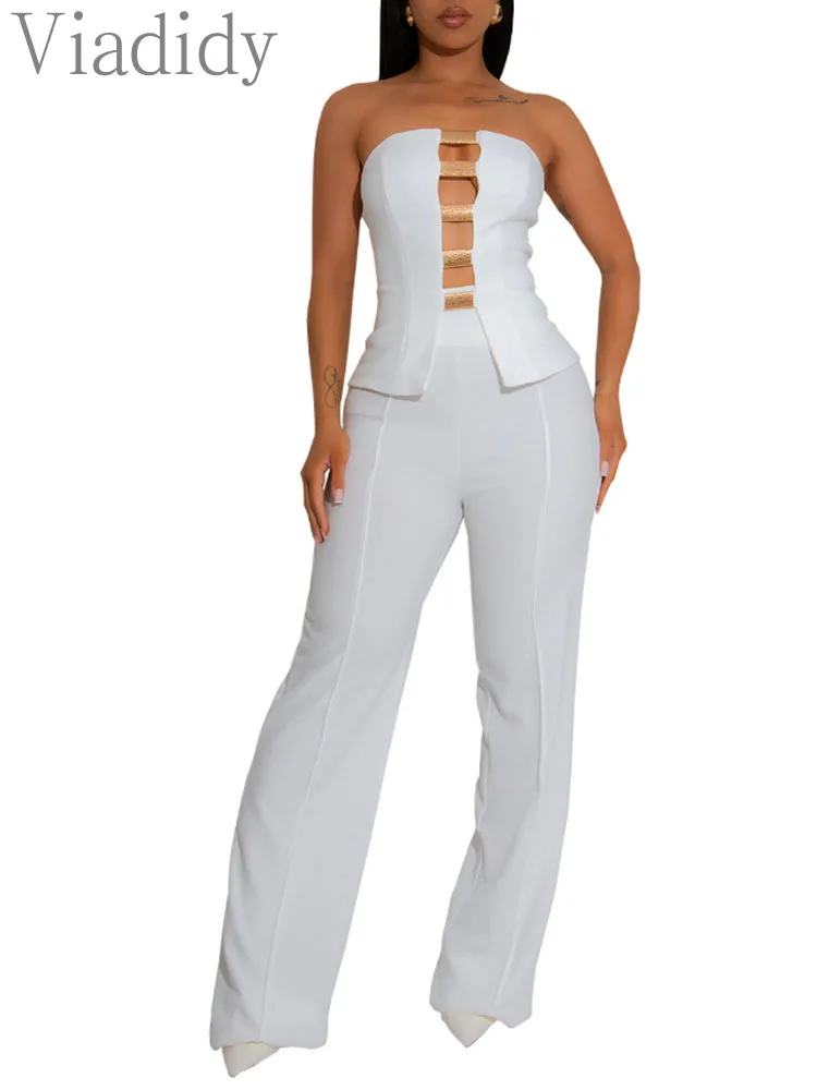 

Women's Sexy Solid Color Hollow Out Bandeau Top and High Waist Wide Leg Pants 2pcs Set