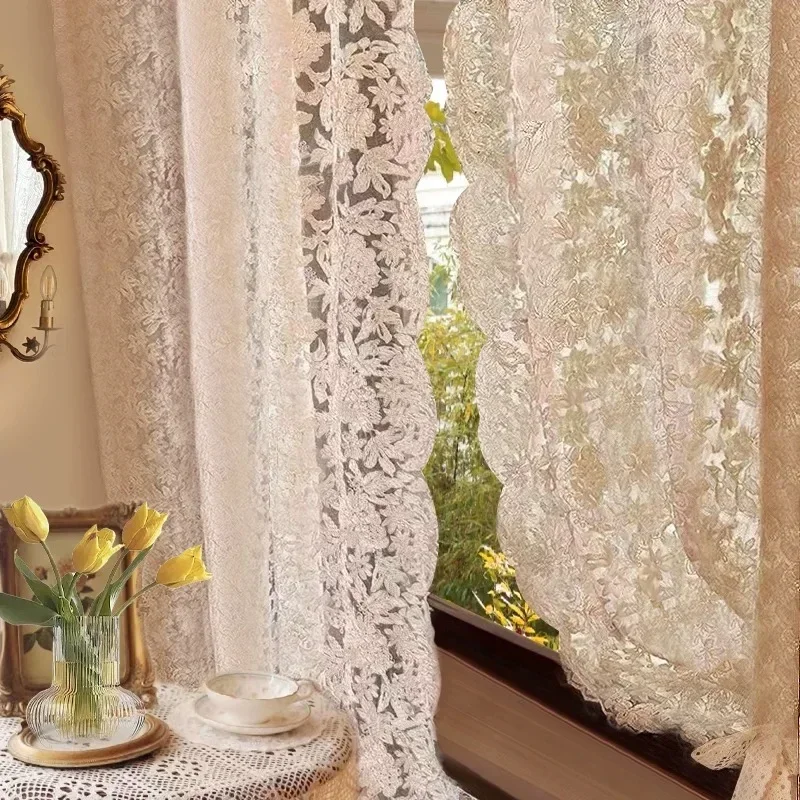 1PC Korean Style French Ins Cream Style Lace Tulle Curtain For Bedroom And Kitchen Small Window Decoration,Home Window Curtains