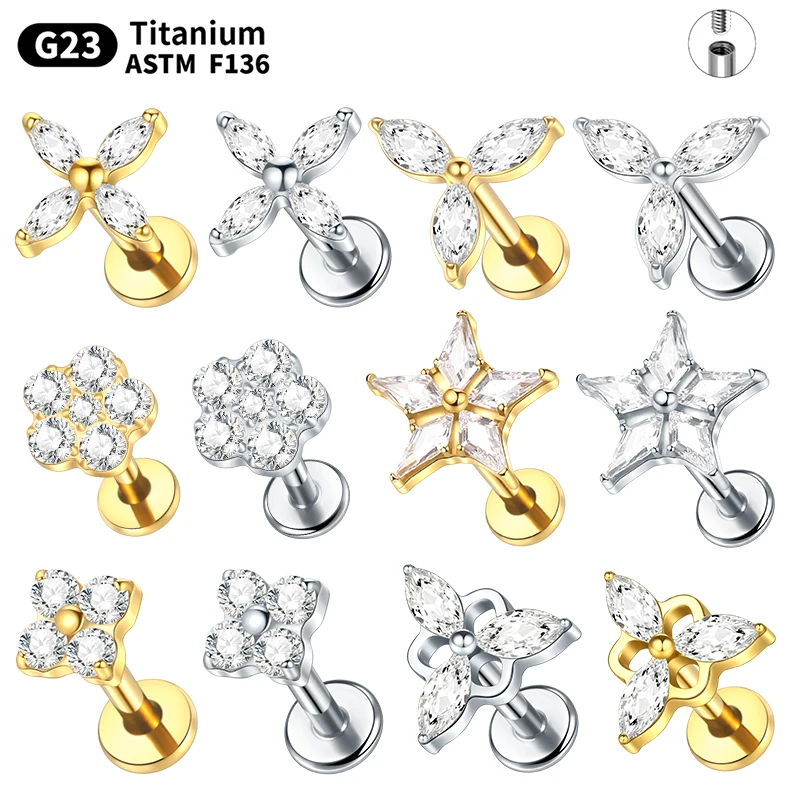 1PC Titanium Helix Piercing Jewelry Internally Thread Zircon Flower Cross Labret Ear Cartilage Daith Lobe Earring Piercings 16G