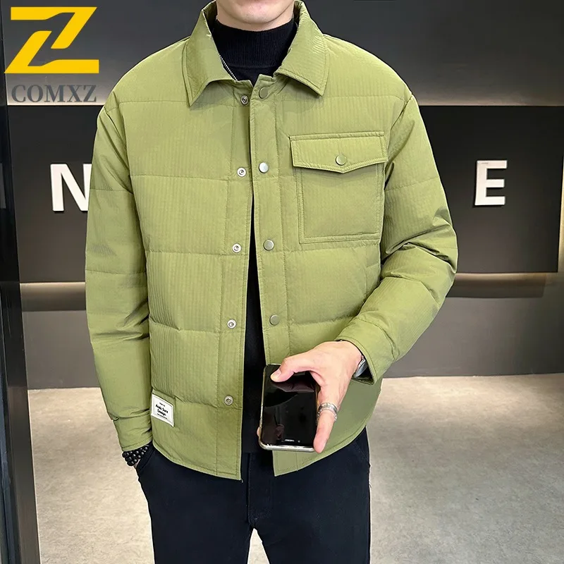 COMXZ 2025 Mens Womens Winter Stand Collar Puffer Jacket American Style Waterproof and Windproof fashion Warm tactic Hooded Coat