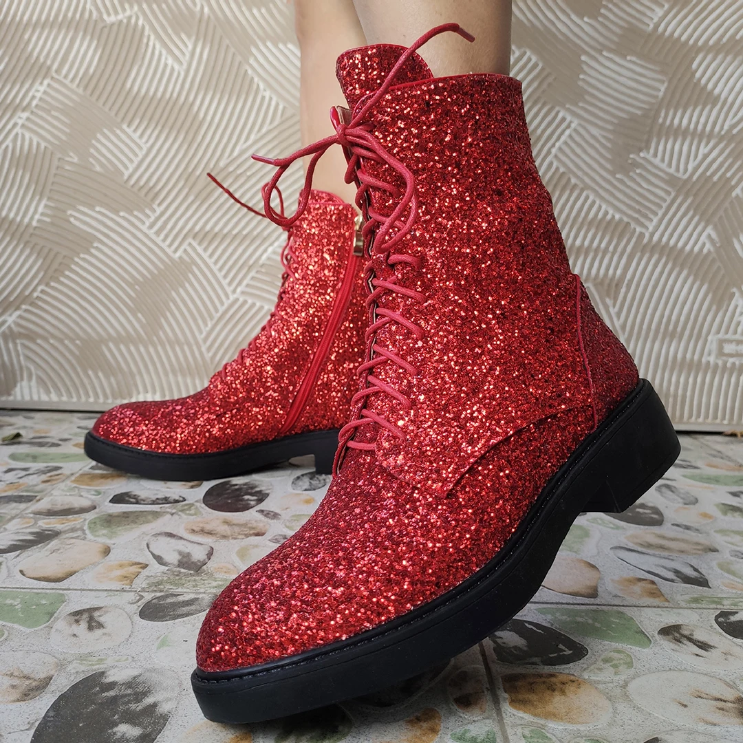 

LAIGZEM Women Ankle Boots Comfortable Round Toe Glitter Low Heels Zip Up Handmade Shoes Woman Handmade Plus Big Size 39 41 42 43