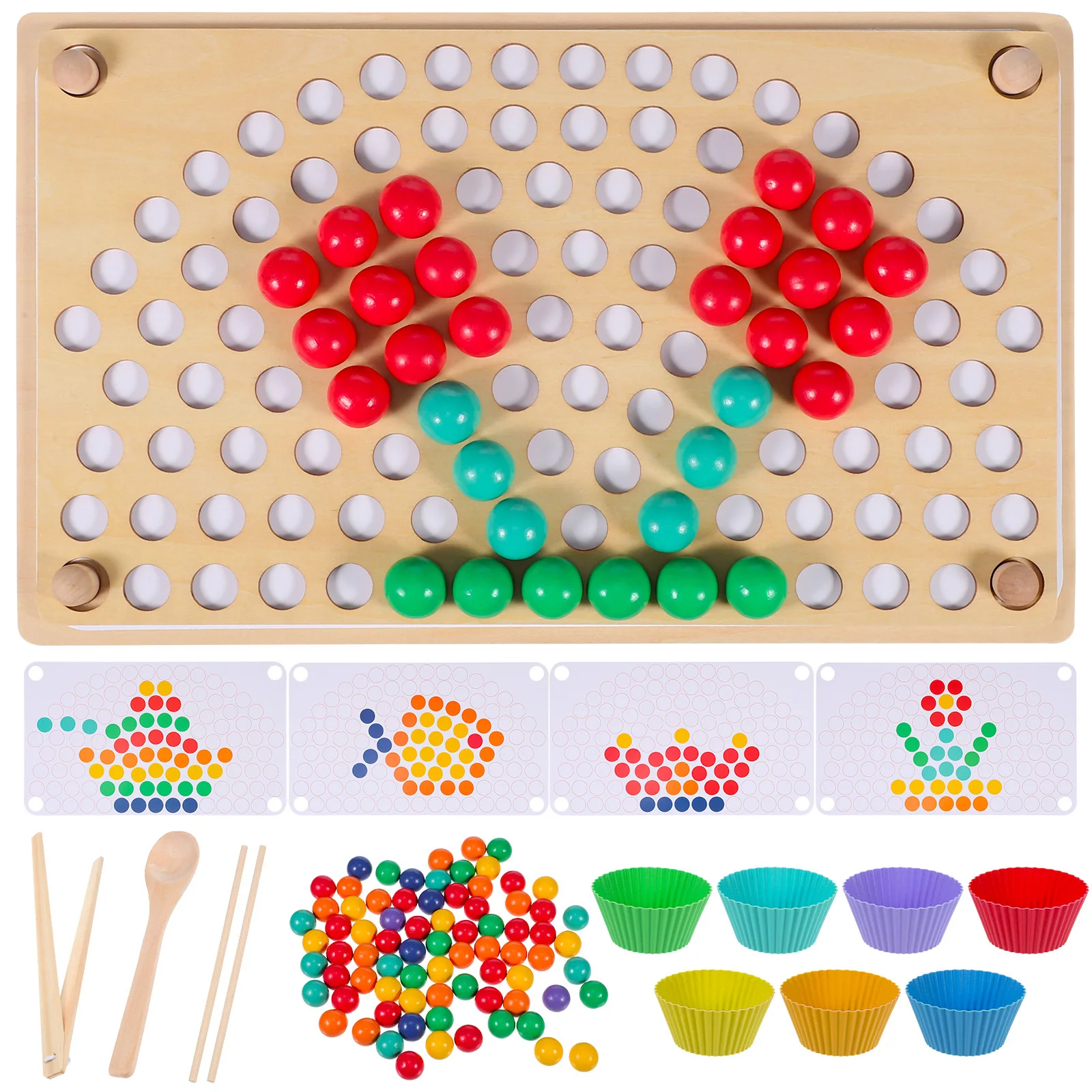 1Set Wooden Board Bead Game Educational Preschool Learning Family Bonding Chessboard Pattern Cards Colorful Beads Developmental