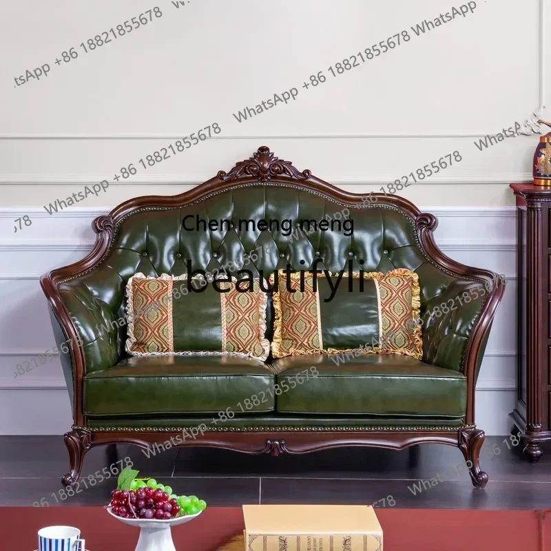 American light luxury leather solid wood retro leather art two-person three-person first-layer cowhide living room sofa