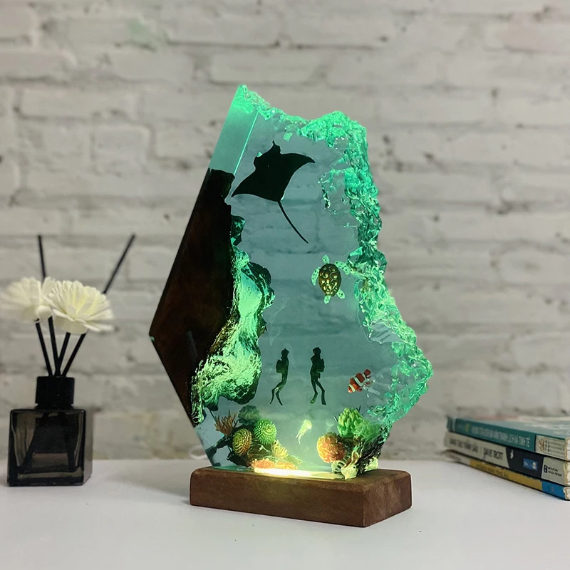 Ocean Organic Resin Lamp Creative Art Night Light Craft Undersea Landscape Decoration Table Lamp USB Charging