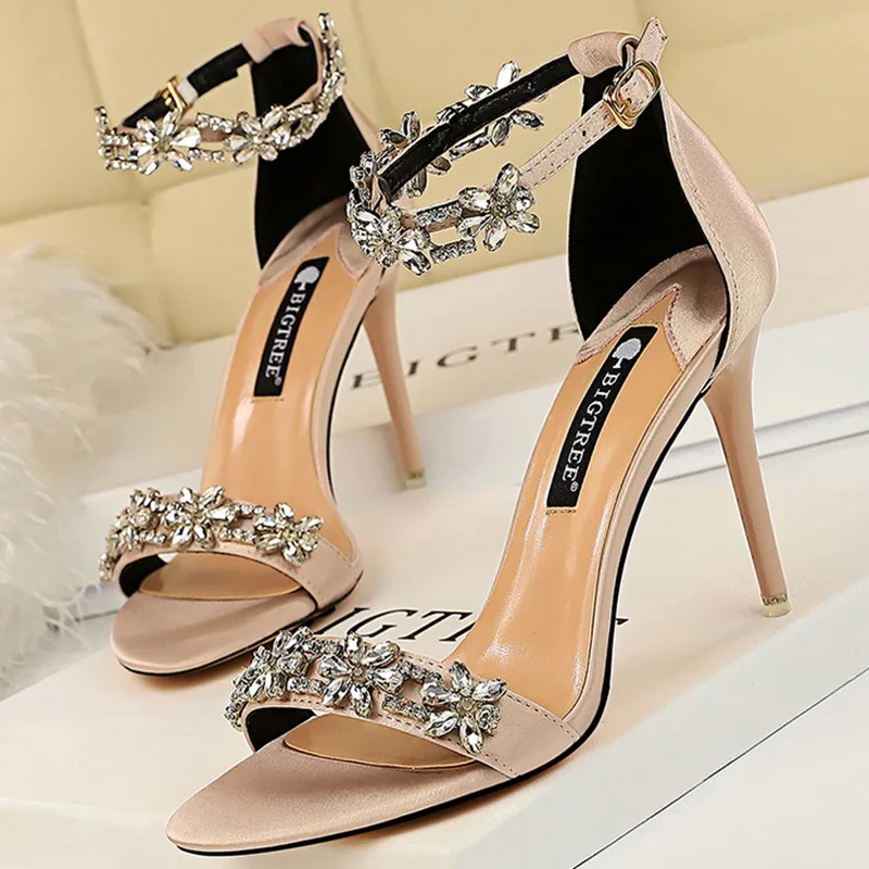 2023 New Luxury Women Open Toe Rhinestones Sandals Designer Female Sexy 11cm High Heels Sandals Party Shoes Summer Silk Sandals