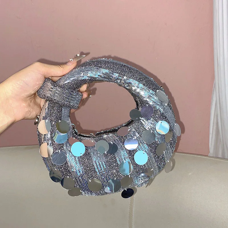 

Миниатюрная изящная сумка-пельмень с блестящими серебряными пайетками в форме облака и луны, вечерняя сумка-подушка, сумка для ношения в руке