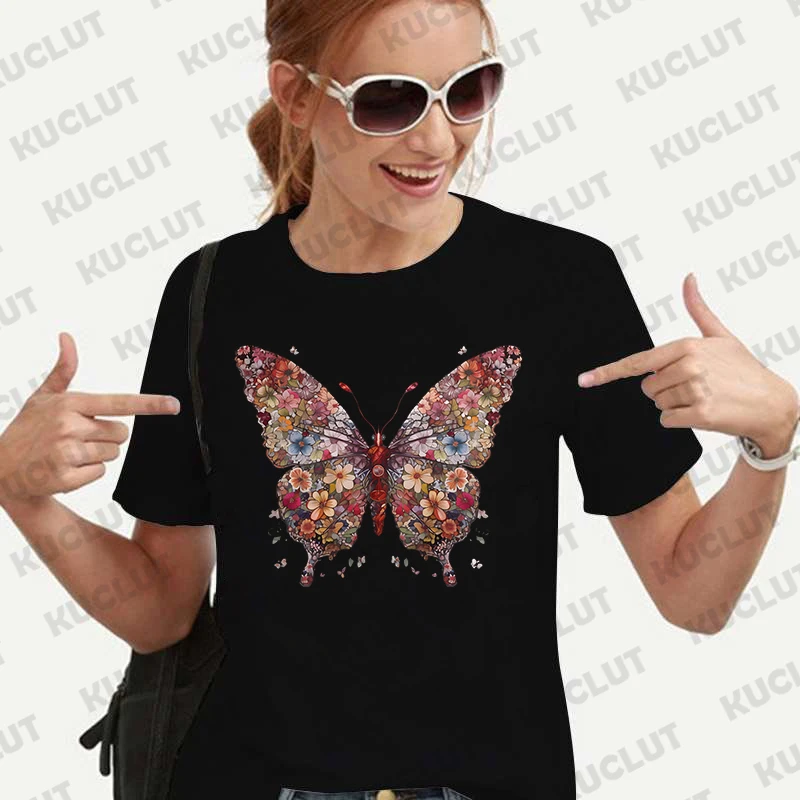 Butterfly Floral Print Women Tees Shirt Harajuku Ulzzang Streetwear Funny T-Shirts Cartoon Graphic Y2k Tops Aesthetic Clothing