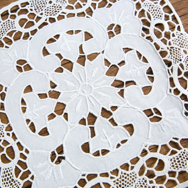 100% Handmade Embroidery Hemstitched Placemat, Cotton, Elegant, Vintage, Handmade Lace