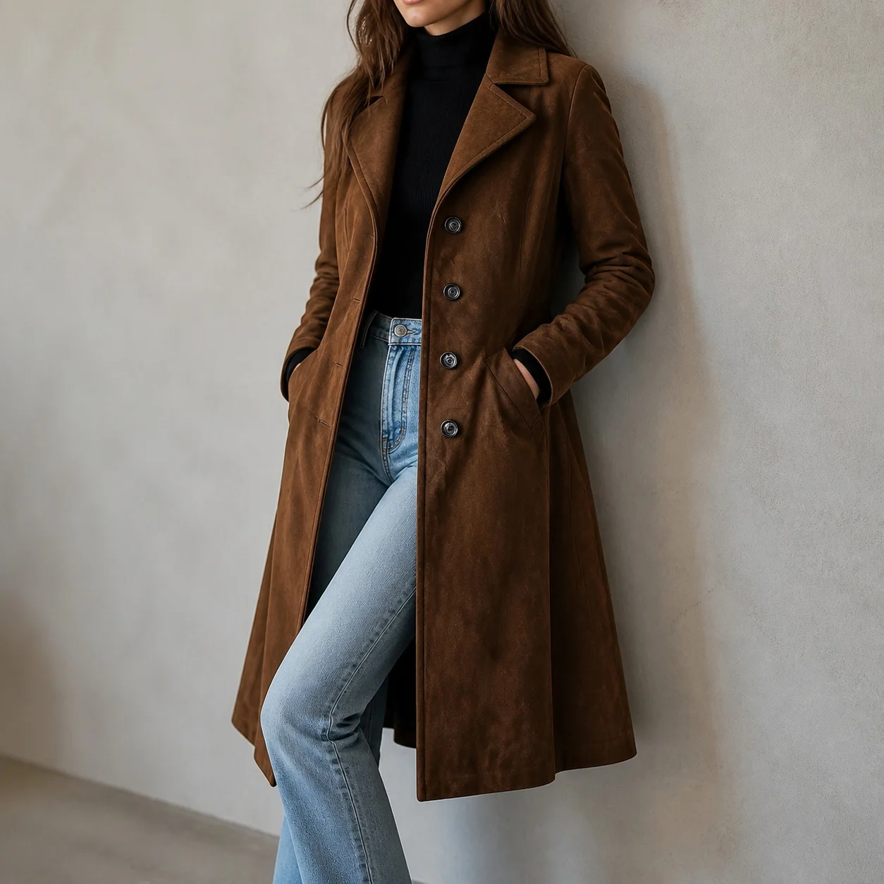 Women's Winter Female Trench Coat Fall Winter Notched Lapel Single Breasted Button Closure Solid Color Pocket Long Sleeve