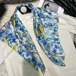 BYSIFA| White Blue 100% Silk Scarf Hijab Fall Winter Fashion Floral Design Mulberry Silk Square Scarves Head Accessories 86*86cm