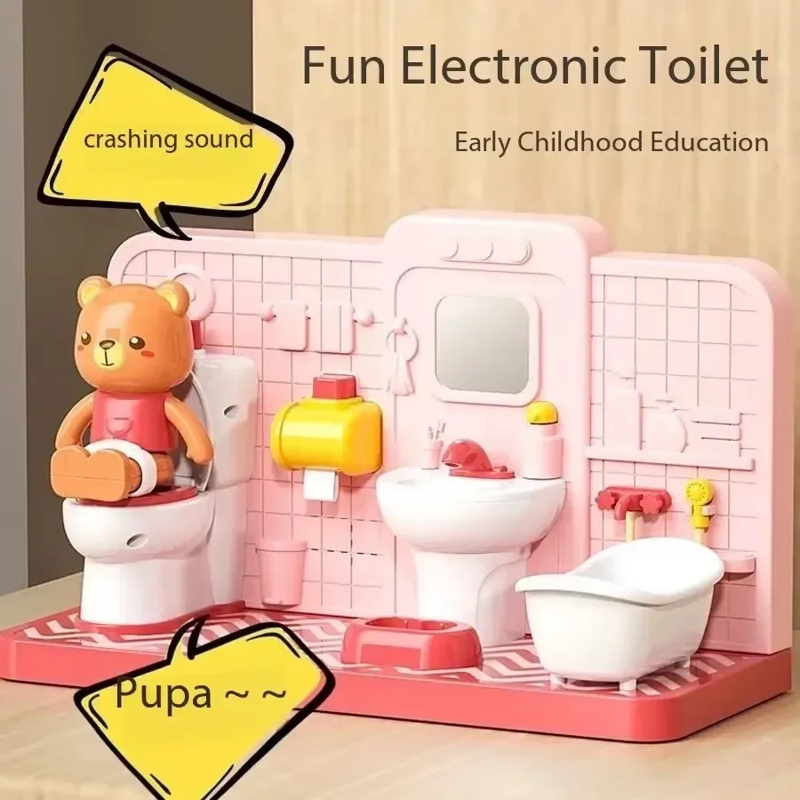 Cartoon Bär Simulation Badezimmer Spielzeug Lustige Elektronische Toilette Mini Badezimmer Möbel Set Kinder Spielen Haus Toilette Puzzle Spielzeug