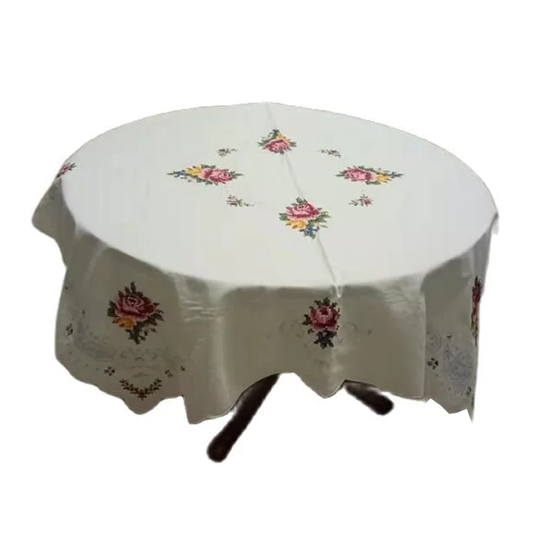 Handmade Rose flower Cross stitch cotton white table cover cloth Christmas tablecloth wedding Table decoration and accessories