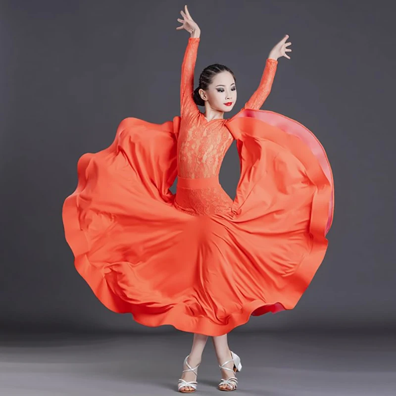 

Modern Dance Dress Kids Girls Lace Long Sleeve Big Skirt Hem Skirts Dancewear Performance Waltz Training Regulations Costume
