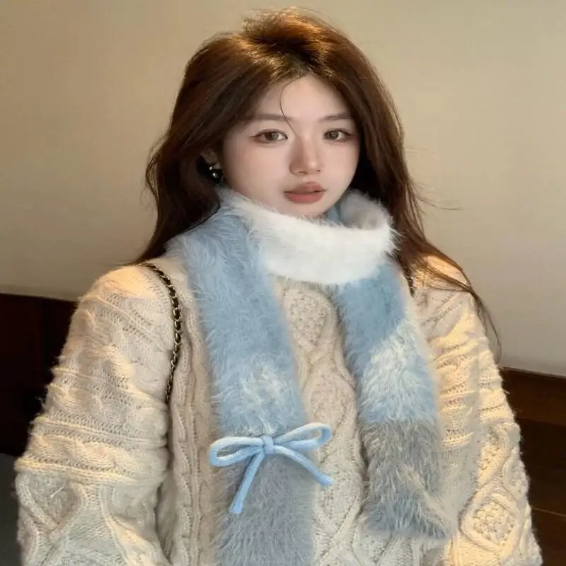 

Scarf Korean Style Ins Cute Fluffy Bow Knitted Thin Scarf Women Winter Versatile Warm Soft Neck Warmer Kawaii Fashion Trendy New