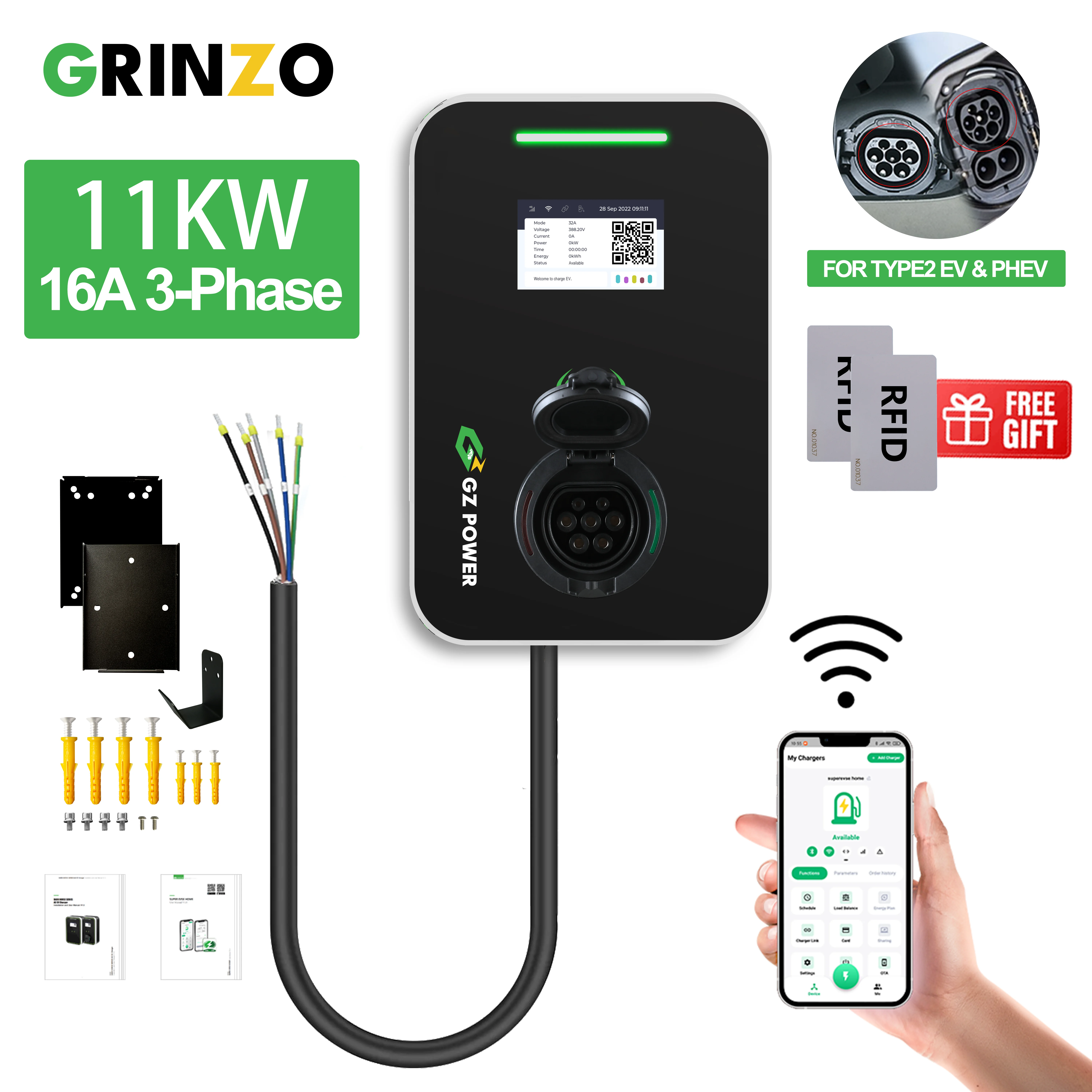 16A Type 2 Charger Station 380v RFID Charging Ev Charger 16amp Wallbox 3 Phases 11KW Wall Box Car Charging Station Evse