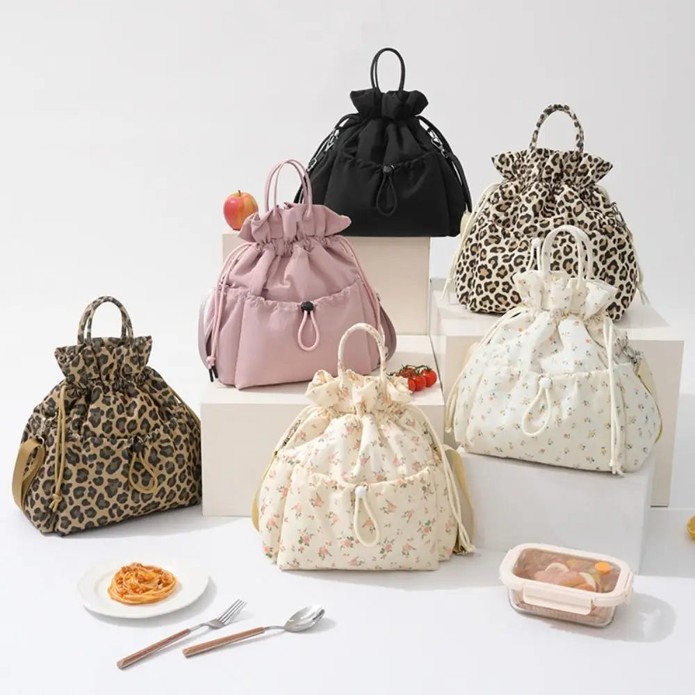 Waterproof Lining Insulated Lunch Bag Drawstring Closure Multiple Pockets Drawstring Lunch Bag Large Capacity Portable Handle