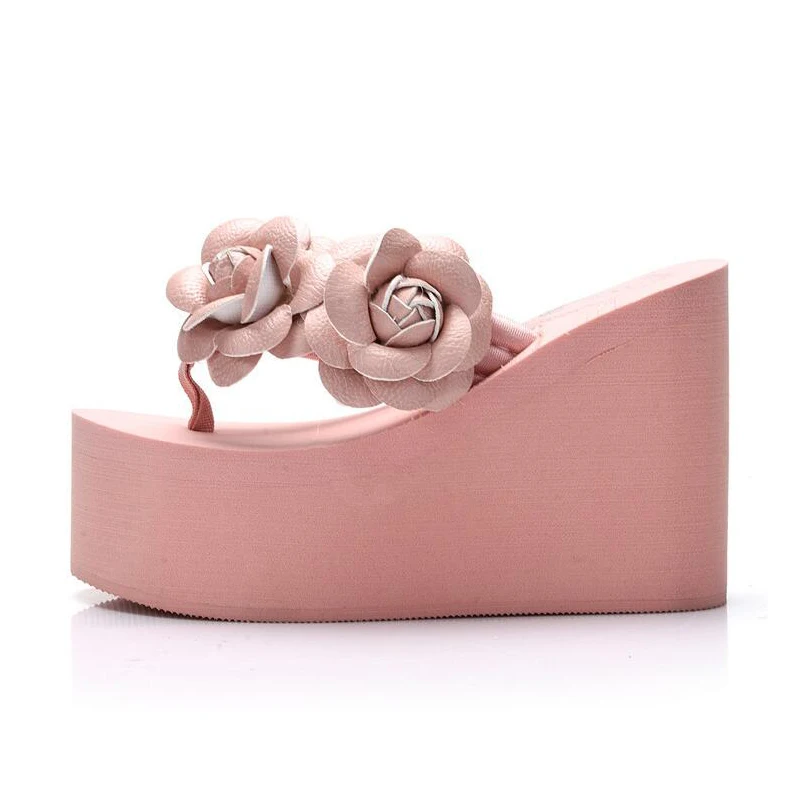 11cm flip flop wedges heels summer sandals slippers woman shoes women girls beach shoe light bottom platform handmade flowers