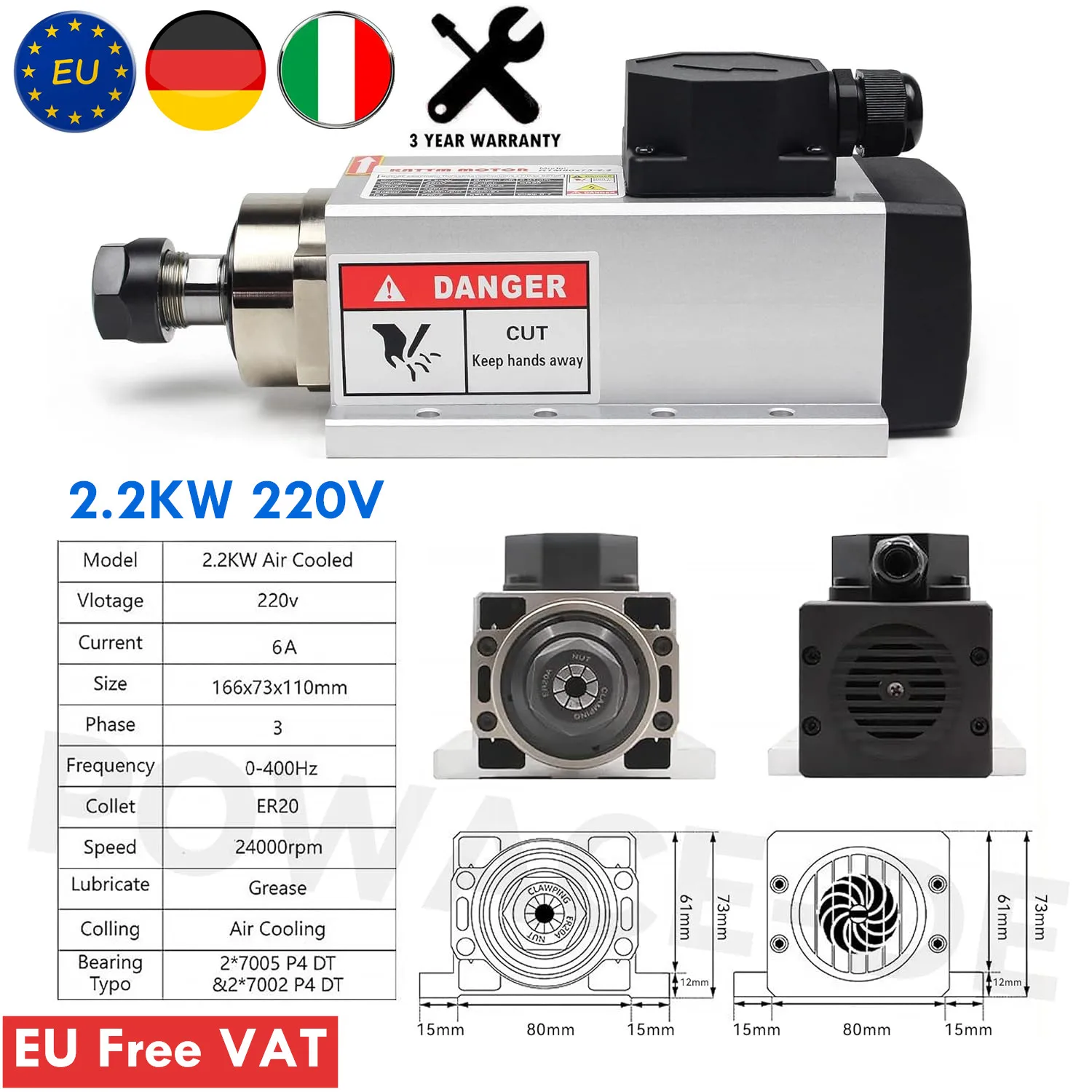 【EU Store】Square 2.2kw ER20 220V Air Cooled Spindle Motor 24000rpm Runout off 0.01mm + 2.2KW Inverter VFD CNC Router Milling Kit