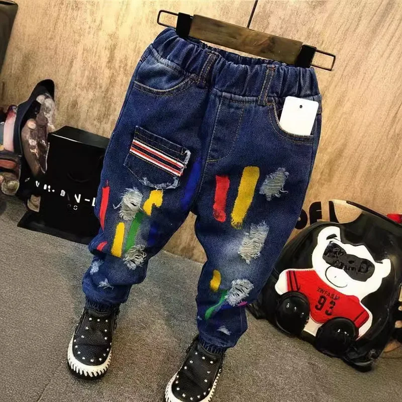 Graffiti Hole Jeans Baby Boys Jeans Kids Pants Casual Pants Spring Autumn Kids Trousers Navy Blue Fashion Baby Clothing (B1123