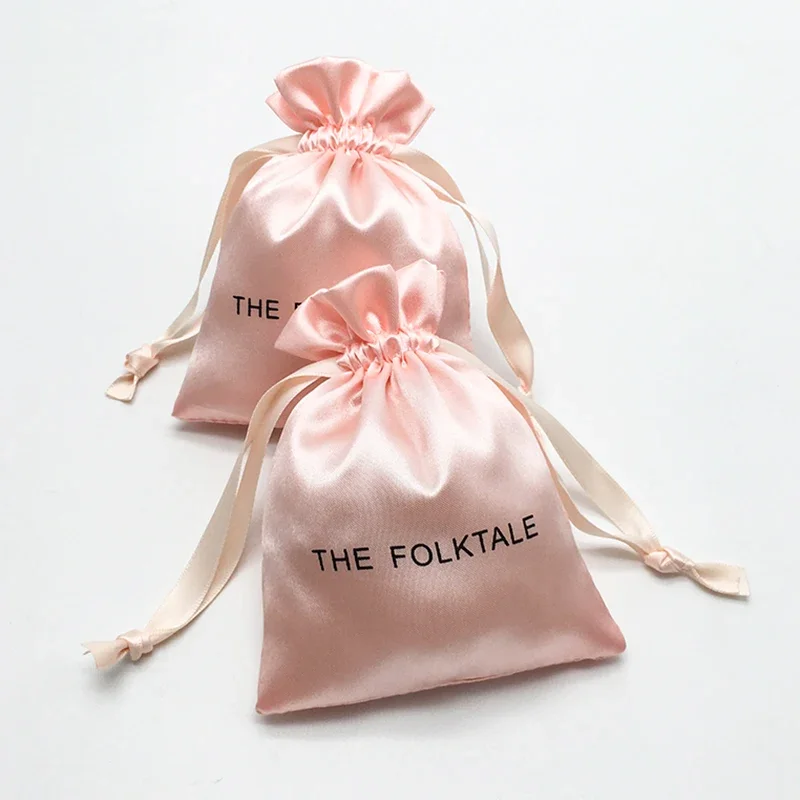 Custom Print Logo Satin Gift Bag Packaging Cosmetic Makeup Jewelry Ring Necklace Silk Drawstring Pouch Party Storage Sachet 50P