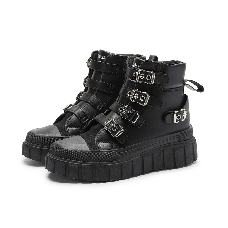 

Женские кроссовки-ботинки на платформе с металлической пряжкой 2026: Ретро-панк высокие повседневные кожаные туфли для женщин, модная уличная обувь