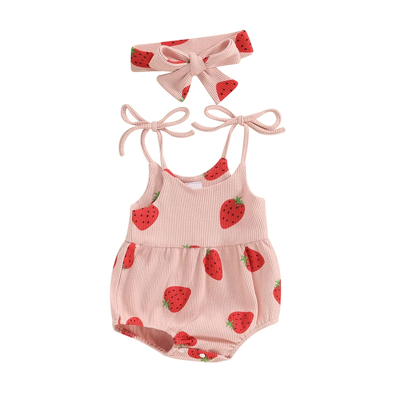 

Baby Girl Summer Jumpsuit Strawberry Print Bandage Sleeveless Romper and Headband Set Cute Fashion Clothes Outfits