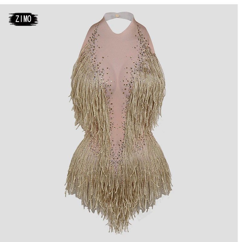 Sparkly Rhinestone Bodysuit gold red Tassel Leotard Nightclub Dance Wear Show women Stage Jazz DJ party Singer Outfit costumes