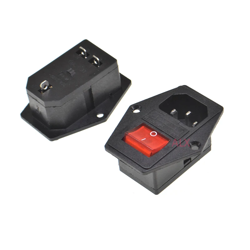 IEC320 C14 Electrical AC Socket 3 pin red LED 250V Rocker Switch 10A fuse female male inlet plug connector 2 pin socket mount