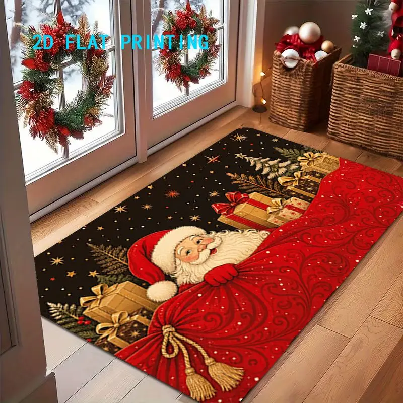VIKAMA Kris Kringle Present Sack Yule Night Welcome Mat Festive Salutations Floor Padding Grip Backed Space Decor Accent Soft