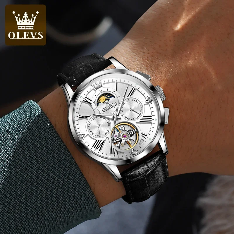 OLEVS Automatic Mechanical Watch for Men Skeleton Watch Leather strap Waterproof Luminous Luxury Men\'s Wristwatch Reloj Hombre